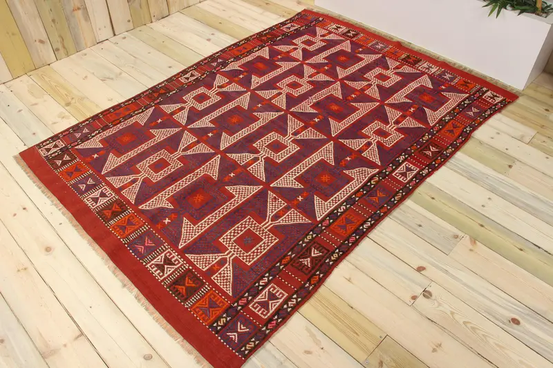 ヴィンテージ Oushak ラグ 154x216cm レッドチェック トルコ絨毯 - 1