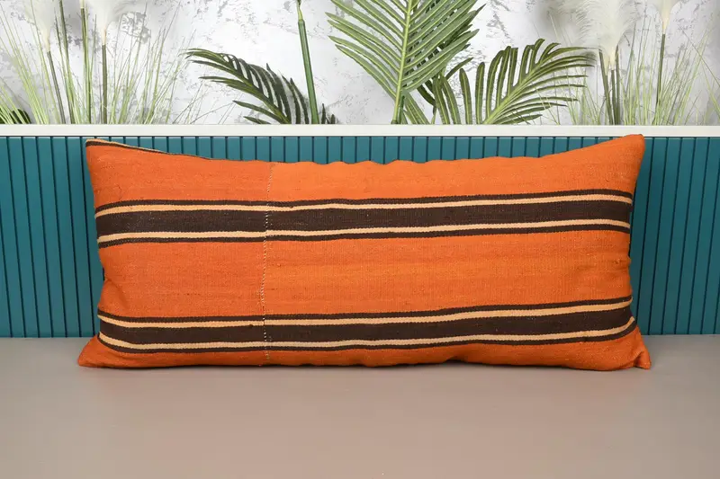 Orange & braunes Patchwork-Wurfkissen, handgefertigtes besticktes Kissen