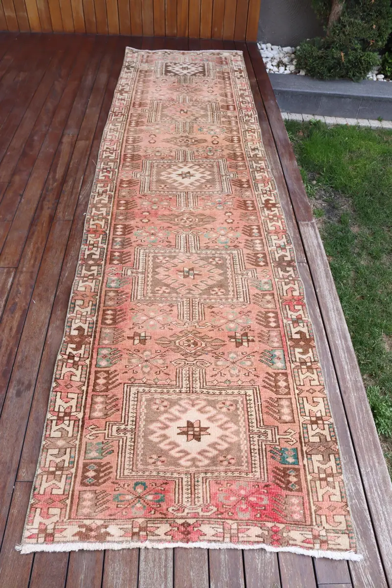 El Yapımı Pembe Patchwork Halı, 3x11,4 ft Benzersiz Tasarım