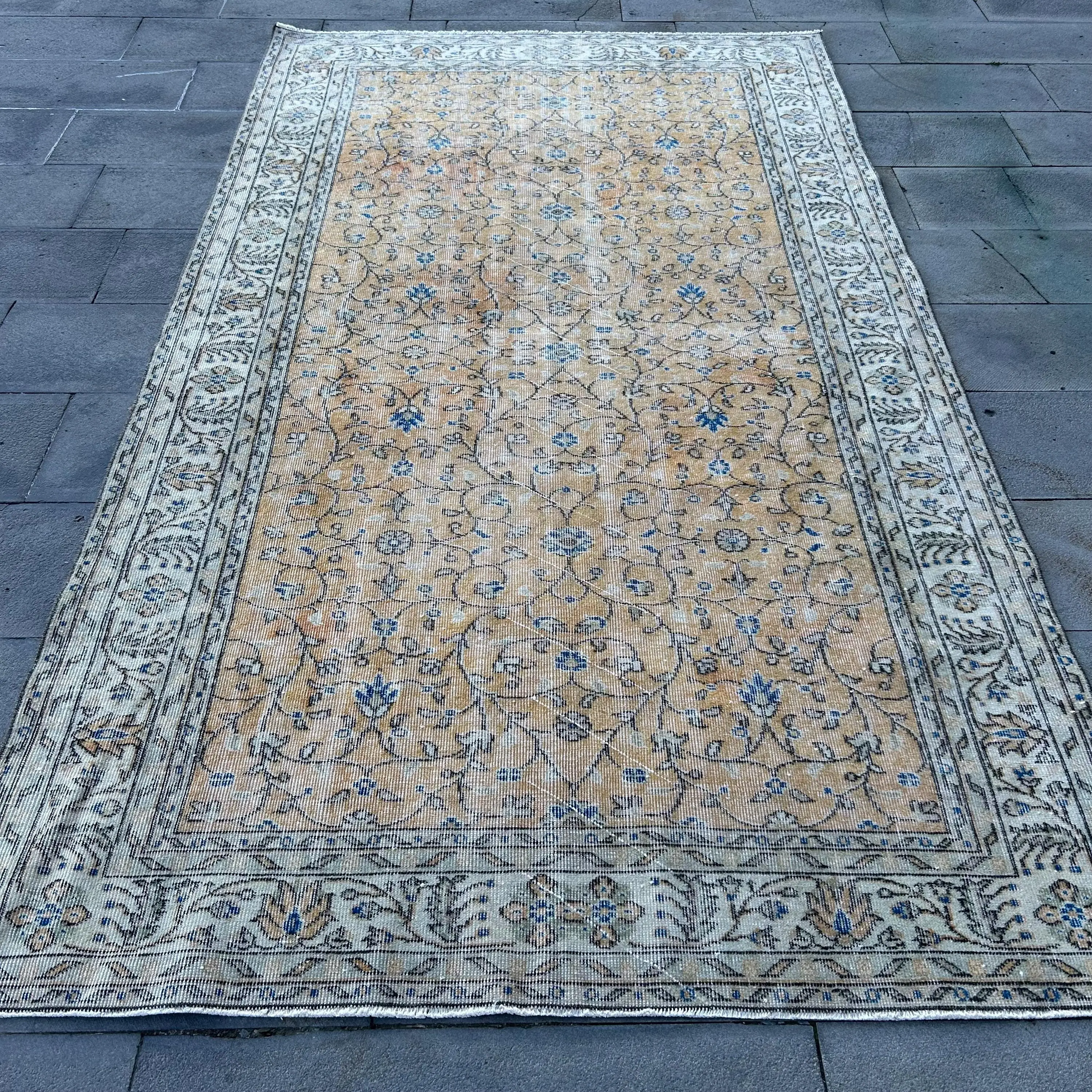 5.2x9.6 ft Vintage Büyük Halı, Türk Mavisi Çiçekli Halı - 1