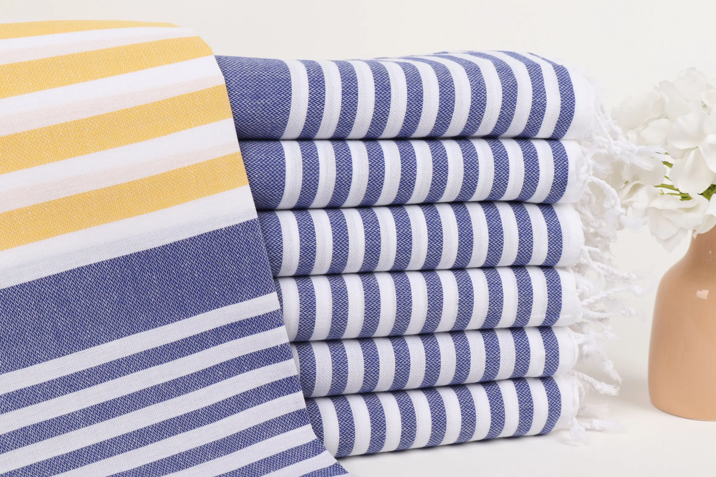 Striped Turkish Cotton Beach Towel Mustard-Navy Blue, 36x67 Inches - 1