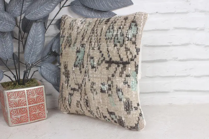 Cushion, Gift Pillow, Pillow for Couch, Ottoman Pillow, 12x12 Beige Pillow Cover, Ethnical Kilim Rug Pillow, Handwoven Cushion Cover - 3
