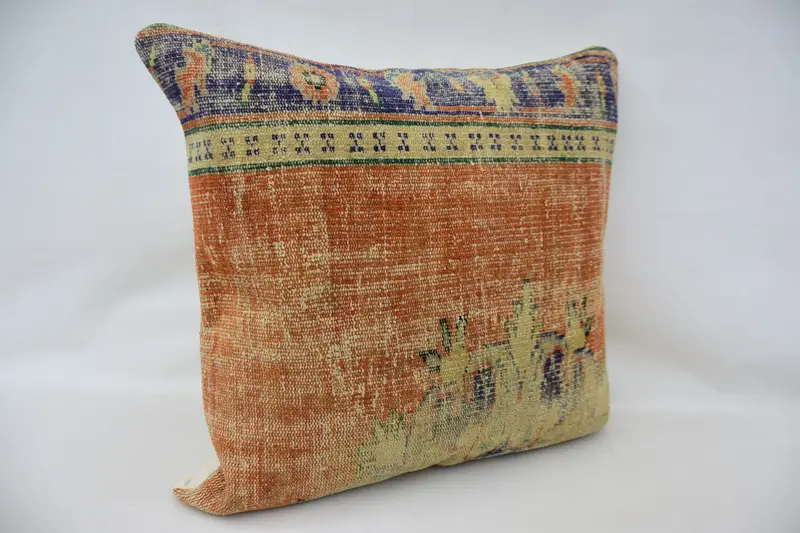 Boho Pillow, Vintage Kilim Pillow, Pillow for Couch, Natural Pillow, Aesthetic Pillow Cover, 32x32 Orange Pillow Sham, Pillow - 3