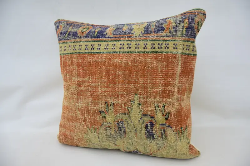 Boho Pillow, Vintage Kilim Pillow, Pillow for Couch, Natural Pillow, Aesthetic Pillow Cover, 32x32 Orange Pillow Sham, Pillow - 5