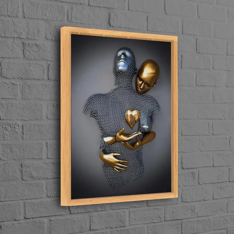 モダンで豪華なシルバーキャンバス: ゴールドハートのハグカップル