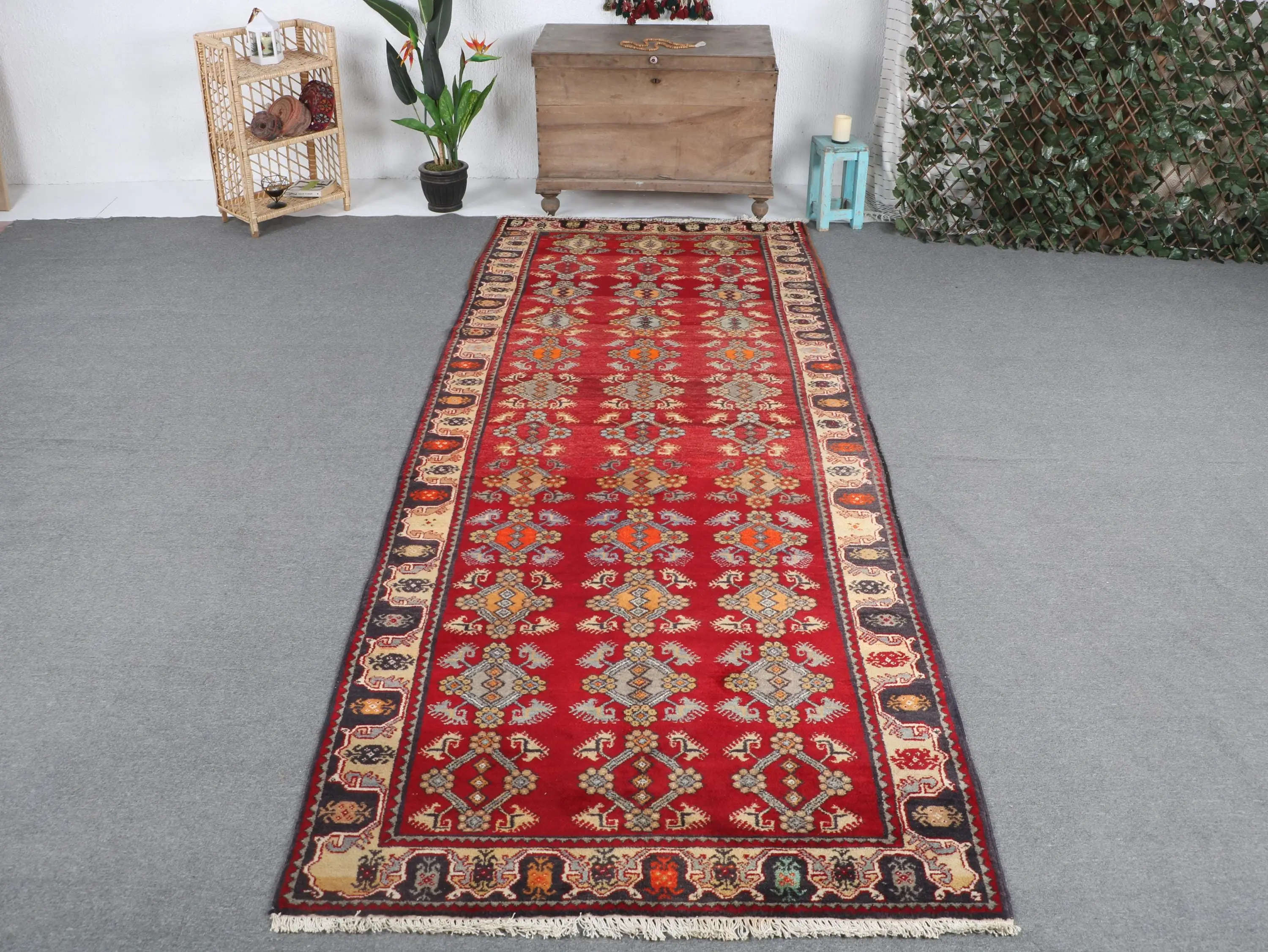 4.5x11.6 ft Vintage Rug, Red Floral Turkish Rug Wool - 1