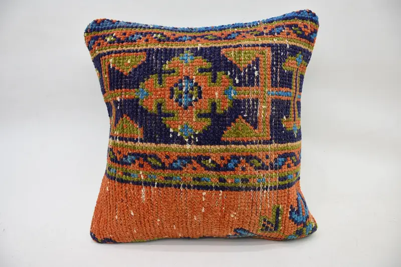 Aztec Cushion Case, Vintage Kilim Pillow, Boho Pillow, 14x14 Orange Cushion Case, Nomadic Cushion Cover, Gift Pillow, Pillow - 4