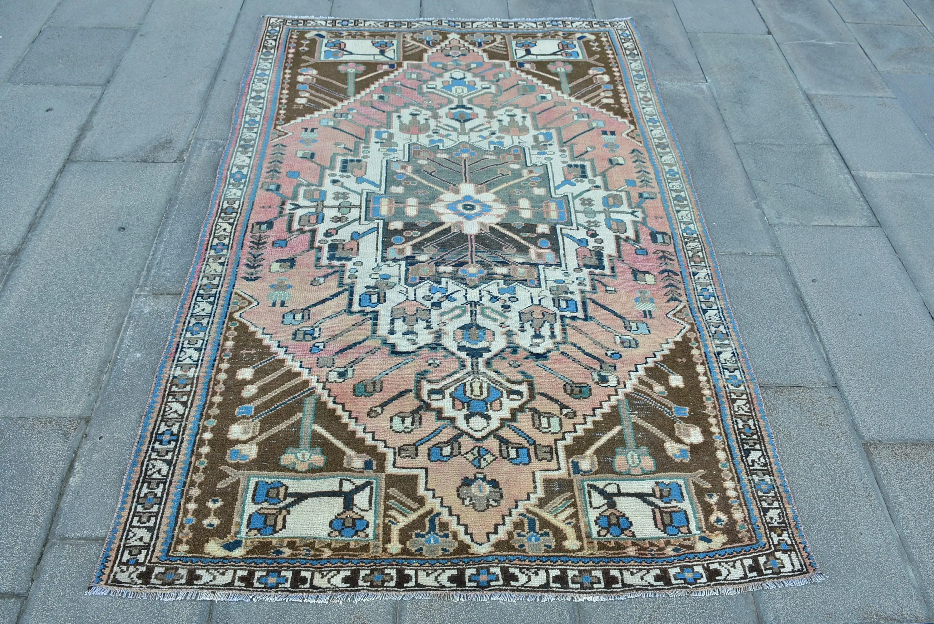 Turkish Vintage Area Rug 4x6.3 ft, Brown Blue Rug - 1
