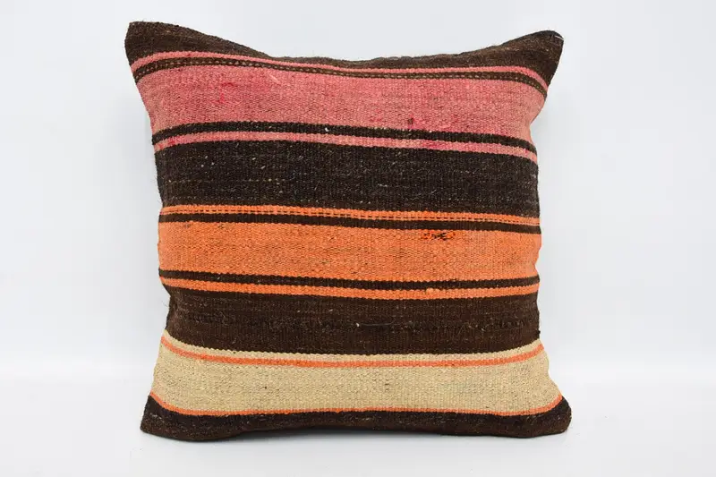 Vintage Wool Brown Cushion Case, Striped Antique Square 16x16 inch Euro Sham - 1