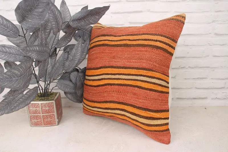 18x18 Orange Cushion Cover, Pillow, Turkish Kilim Pillow, Handmade Kilim Cushion, Sofa Cushion, Decorative Throw Cushion Case, Pillow for Sofa - 4