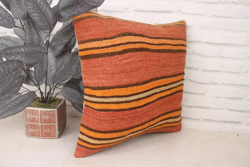 18x18 Orange Cushion Cover, Pillow, Turkish Kilim Pillow, Handmade Kilim Cushion, Sofa Cushion, Decorative Throw Cushion Case, Pillow for Sofa - 3