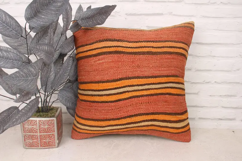 18x18 Orange Cushion Cover, Pillow, Turkish Kilim Pillow, Handmade Kilim Cushion, Sofa Cushion, Decorative Throw Cushion Case, Pillow for Sofa - 1