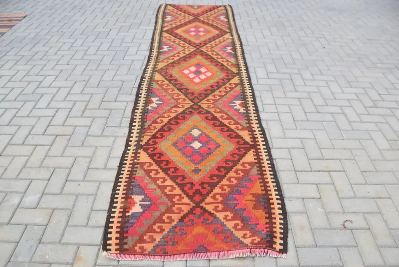 Turkish 3x12.2 ft Rug, Vintage Runner Rug, Red Oriental Rug - 1