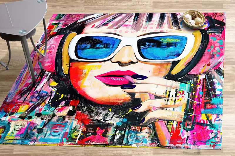 Graffiti Kadın Portresi Baskılı Halı, Renkli Soyut Tasarım