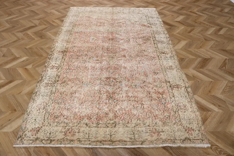 Vintage Turkish Oushak Rug 4.7x8 ft (143x245 cm), Gray Bordered Wool Rug - 1
