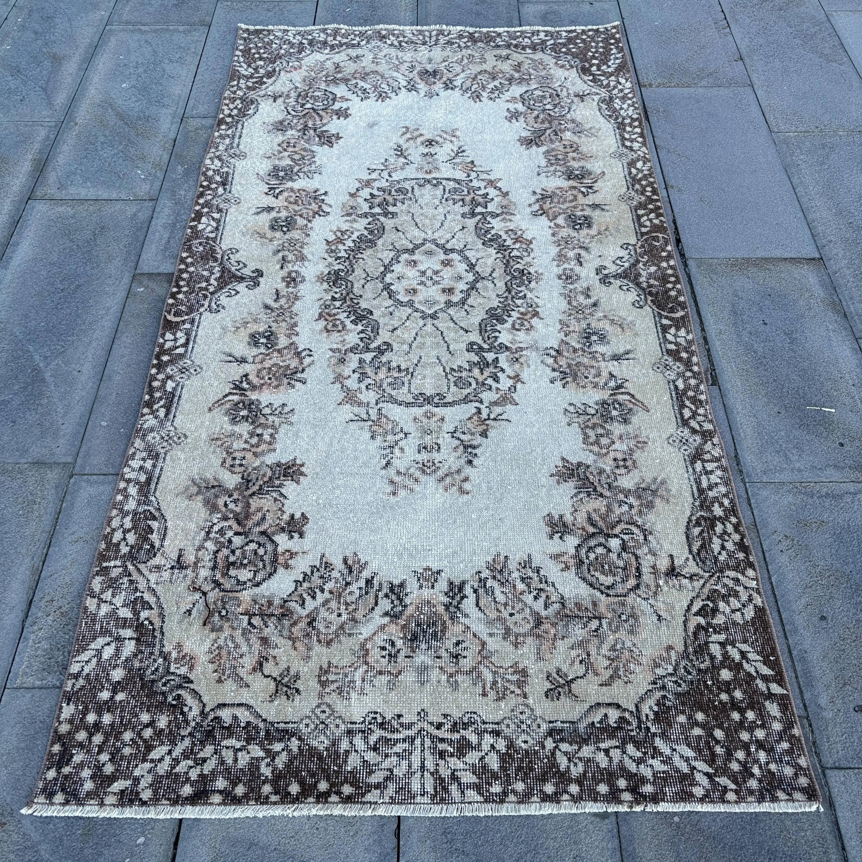 Vintage Turkish Rug, 3.6x9 ft Runner Rug, Brown Gray Floral Wool Rug - 1