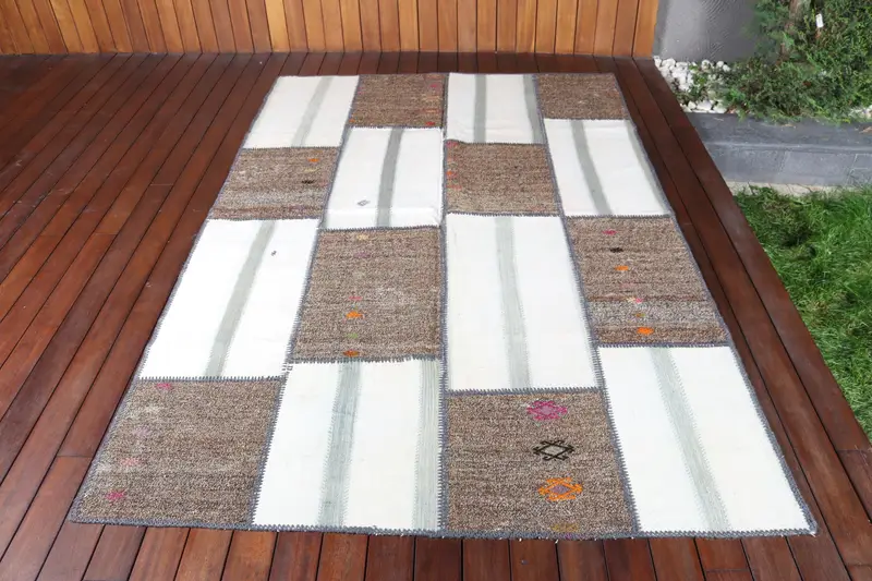 Vintage 5x7.7 ft Alan Halısı, Türk Halısı, Kilim Beyaz Soyut Halı - 1