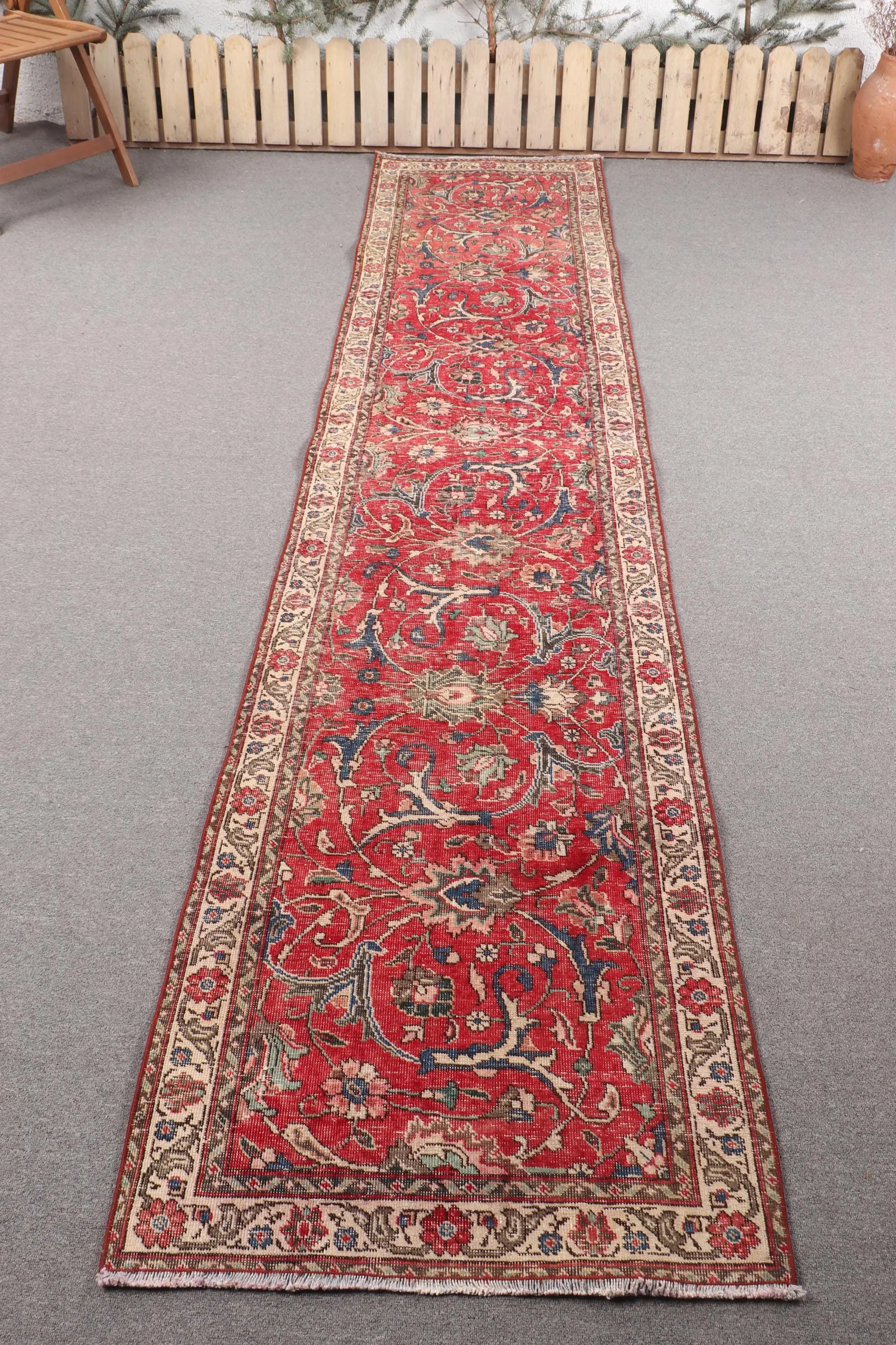 2.6x11.1 ft Turkish Rug, Vintage Runner Rug, Red Blue Wool Rug - 1