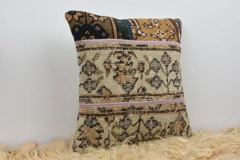 Turkish Kilim Pillow, 16x16 Beige Pillow Sham, Cushion Cover, Sofa Pillow Case, Vintage Kilim Throw Pillow, Pillow for Couch - 8