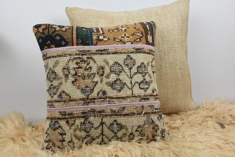 Turkish Kilim Pillow, 16x16 Beige Pillow Sham, Cushion Cover, Sofa Pillow Case, Vintage Kilim Throw Pillow, Pillow for Couch - 6