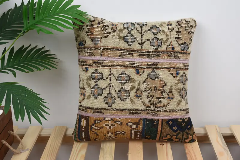 Turkish Kilim Pillow, 16x16 Beige Pillow Sham, Cushion Cover, Sofa Pillow Case, Vintage Kilim Throw Pillow, Pillow for Couch - 1
