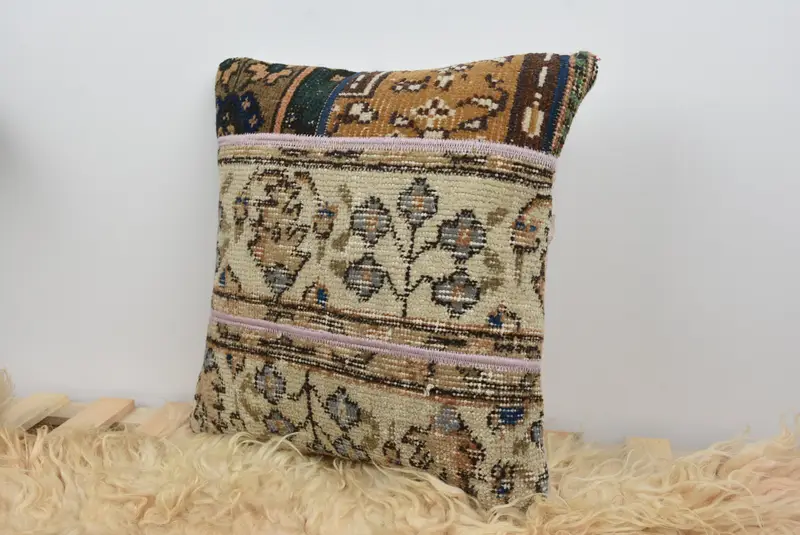 Turkish Kilim Pillow, 16x16 Beige Pillow Sham, Cushion Cover, Sofa Pillow Case, Vintage Kilim Throw Pillow, Pillow for Couch - 7