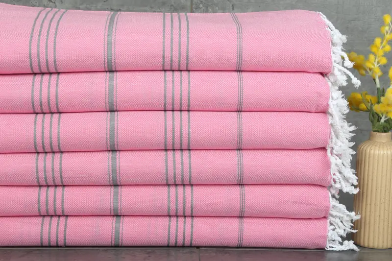 Turkish Bath Towel Pink-Dark Gray Cotton Striped, 40x71 Inches