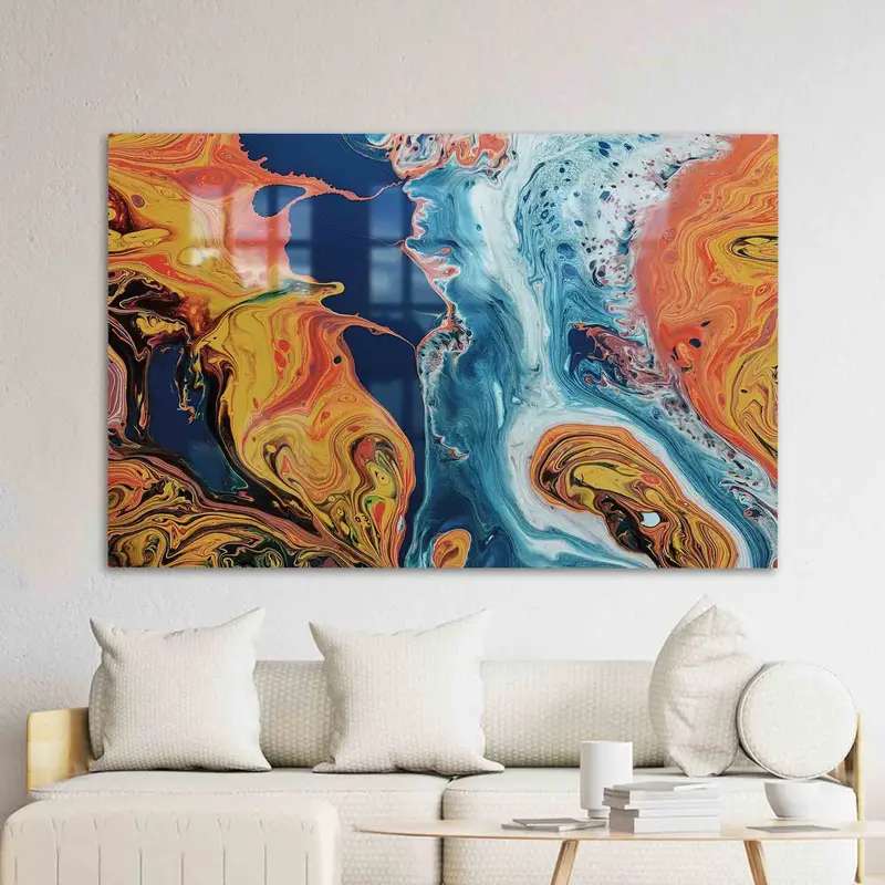 Vidrio impreso contemporáneo en naranja y azul: diseño elegante y colorido