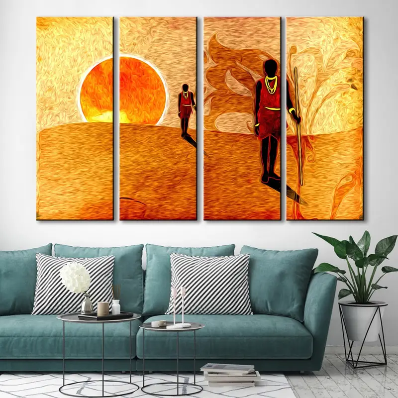 African Motive Wall Art, Ethnic Retro Canvas, Vintage Decor Wall Art, African Artwork, Abstract Sunset Art, African People Art, African Art - 1