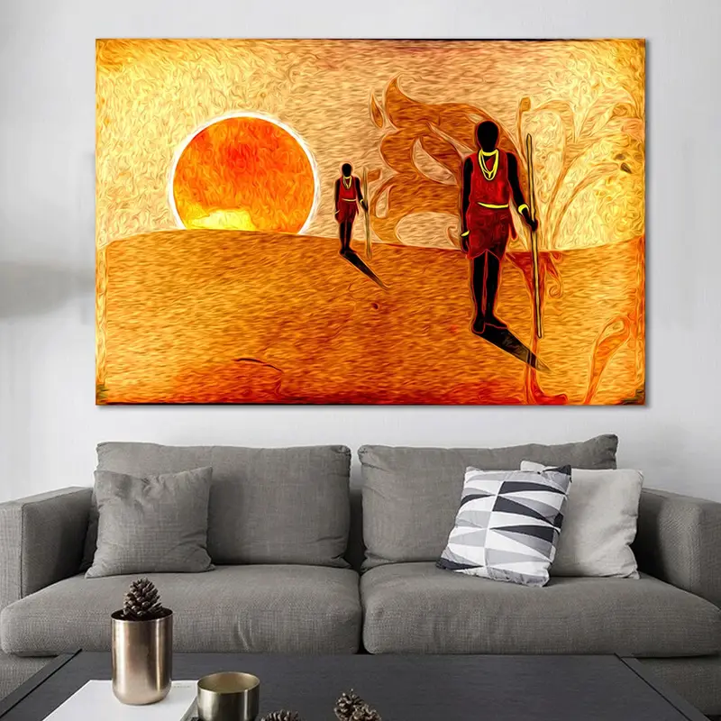 African Motive Wall Art, Ethnic Retro Canvas, Vintage Decor Wall Art, African Artwork, Abstract Sunset Art, African People Art, African Art - 2