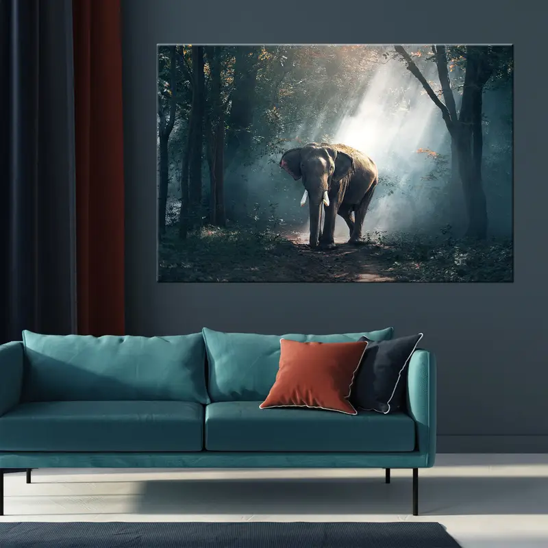Decoración de lienzo de elefante, lienzo de arte de pared de la jungla, estampado de lona de elefantes, decoración de la pared de los árboles, pintura de lona de animales, estampado de elefante, - 2