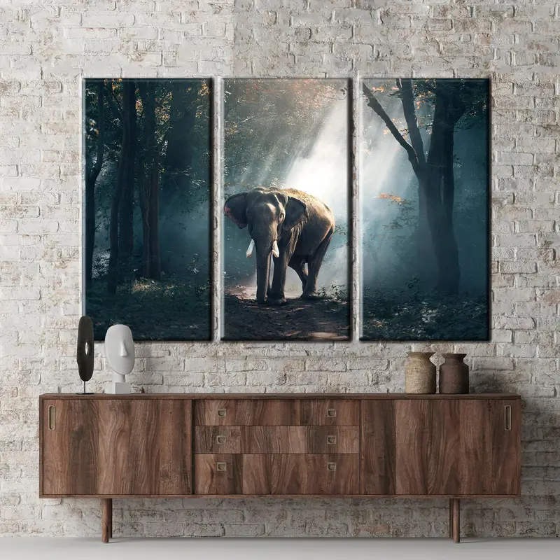 Decoración de lienzo de elefante, lienzo de arte de pared de la jungla, estampado de lona de elefantes, decoración de la pared de los árboles, pintura de lona de animales, estampado de elefante, - 1