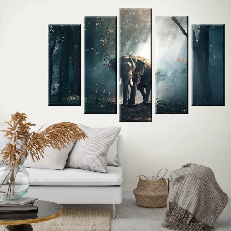 Decoración de lienzo de elefante, lienzo de arte de pared de la jungla, estampado de lona de elefantes, decoración de la pared de los árboles, pintura de lona de animales, estampado de elefante, - 5