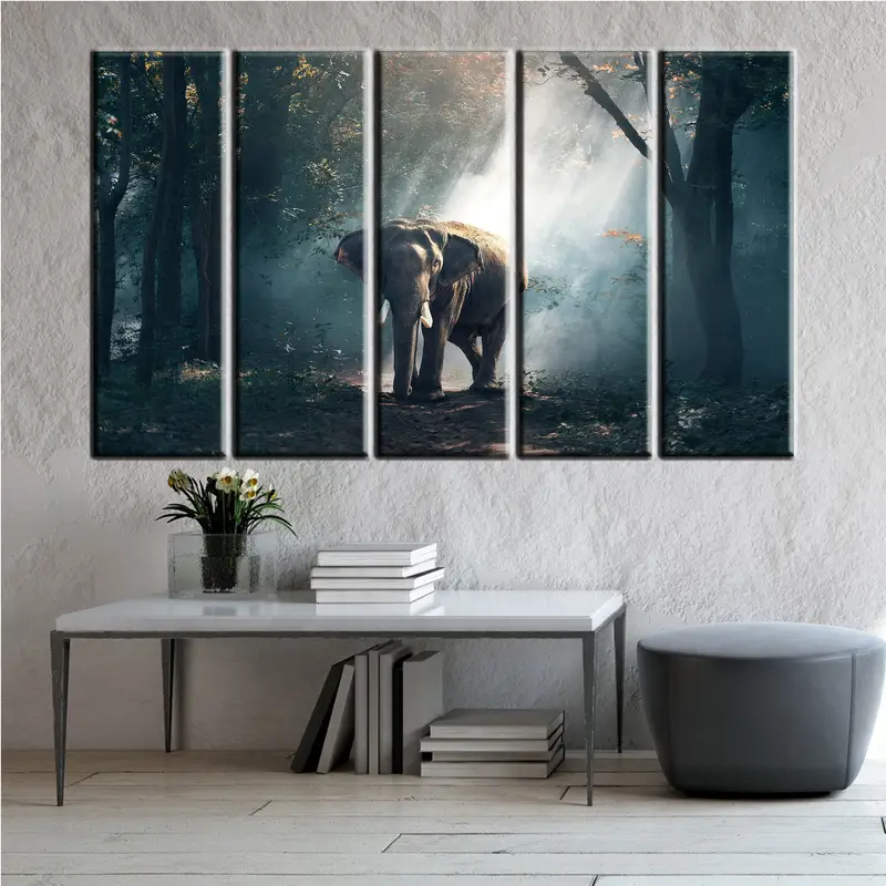 Decoración de lienzo de elefante, lienzo de arte de pared de la jungla, estampado de lona de elefantes, decoración de la pared de los árboles, pintura de lona de animales, estampado de elefante, - 4