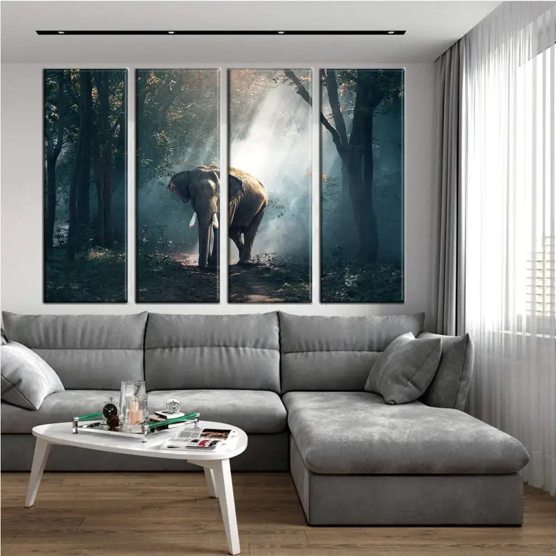 Decoración de lienzo de elefante, lienzo de arte de pared de la jungla, estampado de lona de elefantes, decoración de la pared de los árboles, pintura de lona de animales, estampado de elefante, - 3
