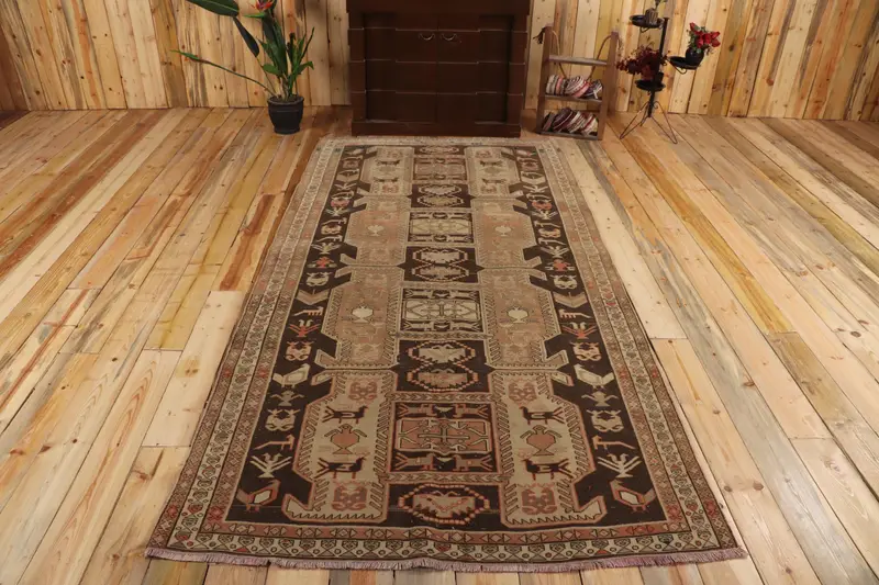 Großer türkischer Vintage-Teppich 4,7 x 9,1 Fuß, brauner Oushak-Wollteppich - 1