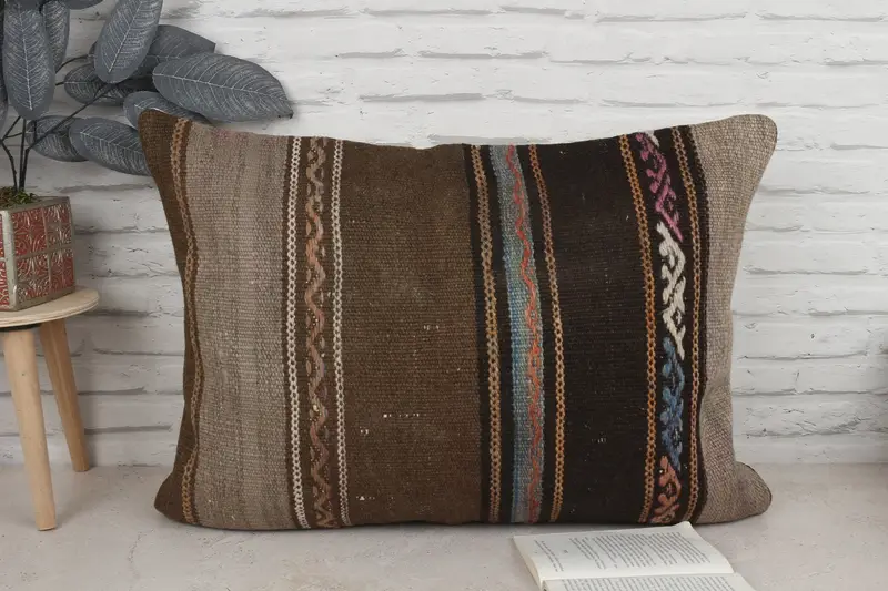 Throw Kilim Pillow, Cushion Case, Kilim Cushion Sham, Authentic Pillow, Kilim Pillow Cover, 20x28 Brown Cushion Cover, Garden Pillow Sham - 1