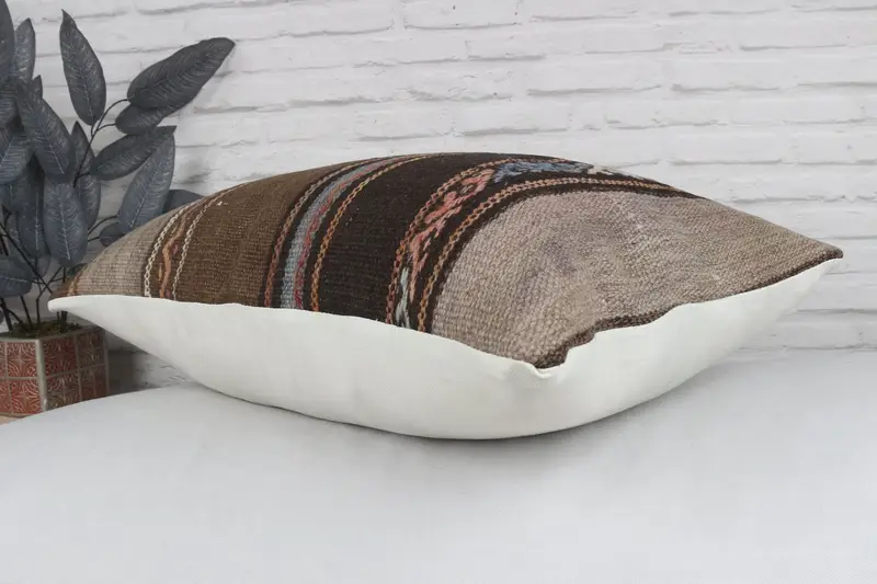 Throw Kilim Pillow, Cushion Case, Kilim Cushion Sham, Authentic Pillow, Kilim Pillow Cover, 20x28 Brown Cushion Cover, Garden Pillow Sham - 7