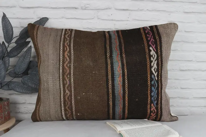 Throw Kilim Pillow, Cushion Case, Kilim Cushion Sham, Authentic Pillow, Kilim Pillow Cover, 20x28 Brown Cushion Cover, Garden Pillow Sham - 2