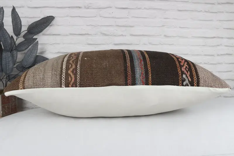 Throw Kilim Pillow, Cushion Case, Kilim Cushion Sham, Authentic Pillow, Kilim Pillow Cover, 20x28 Brown Cushion Cover, Garden Pillow Sham - 6