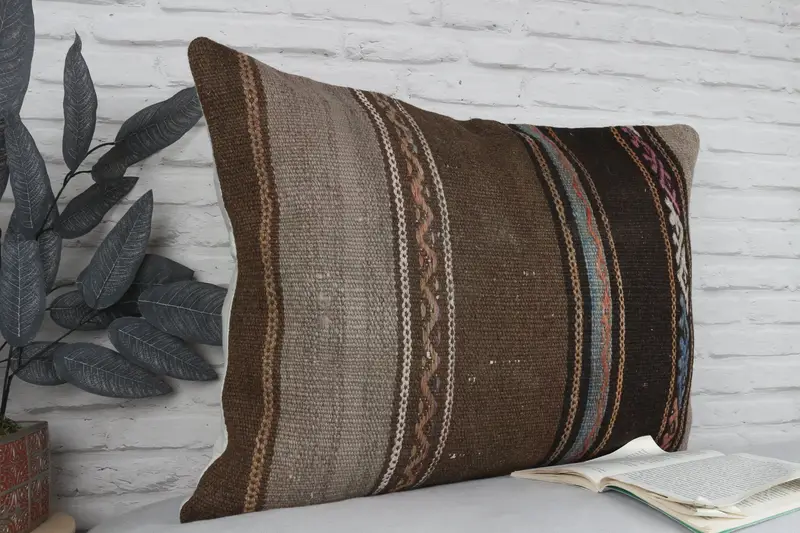Throw Kilim Pillow, Cushion Case, Kilim Cushion Sham, Authentic Pillow, Kilim Pillow Cover, 20x28 Brown Cushion Cover, Garden Pillow Sham - 3