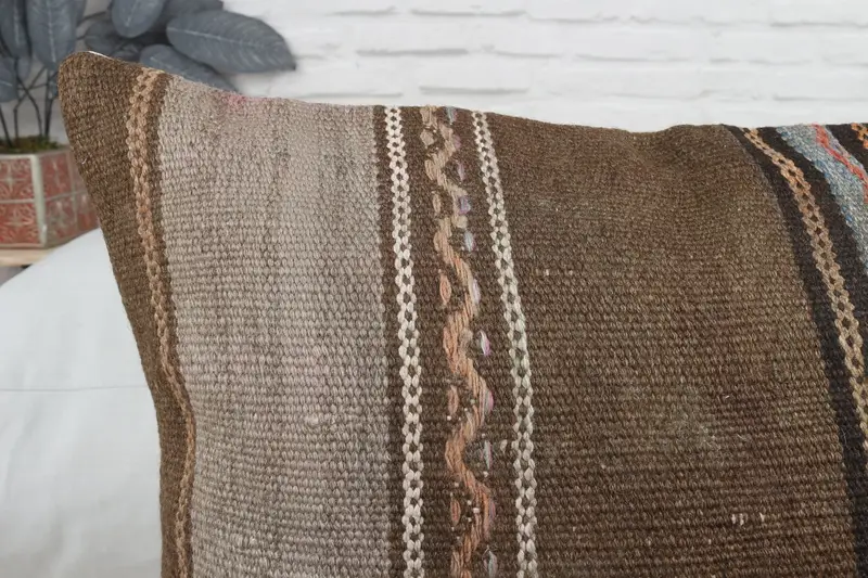 Throw Kilim Pillow, Cushion Case, Kilim Cushion Sham, Authentic Pillow, Kilim Pillow Cover, 20x28 Brown Cushion Cover, Garden Pillow Sham - 5