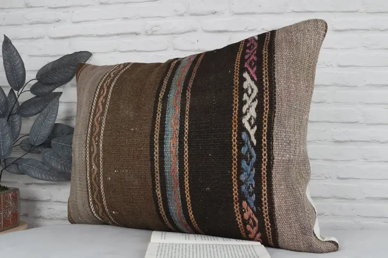 Throw Kilim Pillow, Cushion Case, Kilim Cushion Sham, Authentic Pillow, Kilim Pillow Cover, 20x28 Brown Cushion Cover, Garden Pillow Sham - 4
