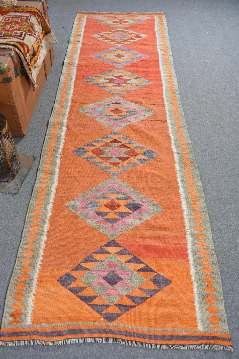 Turuncu ve Yeşil Kareli Halı, 3x10,4 ft Zarif Dekor