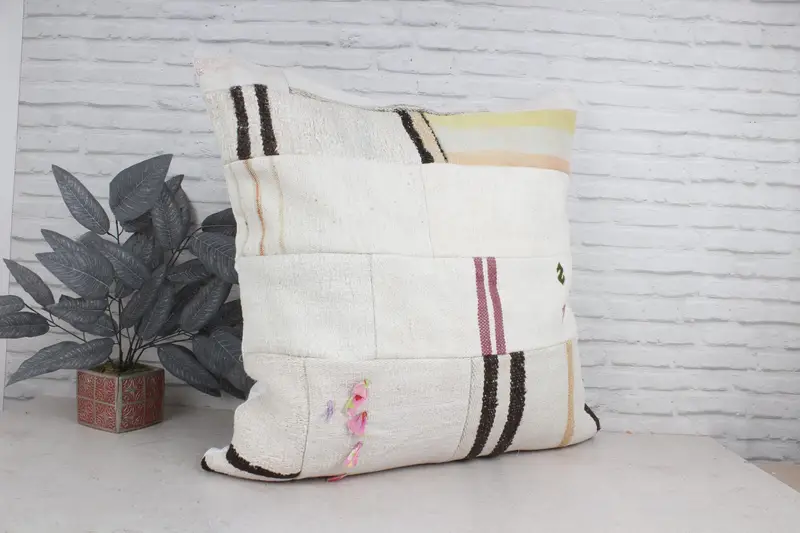 Turkish Corner Cushion, 32x32 White Cushion Cover, Handmade Kilim Cushion, Pillow for Sofa, Pillow Sham, Vintage Kilim Pillow, Knitted Cushion Cover - 3