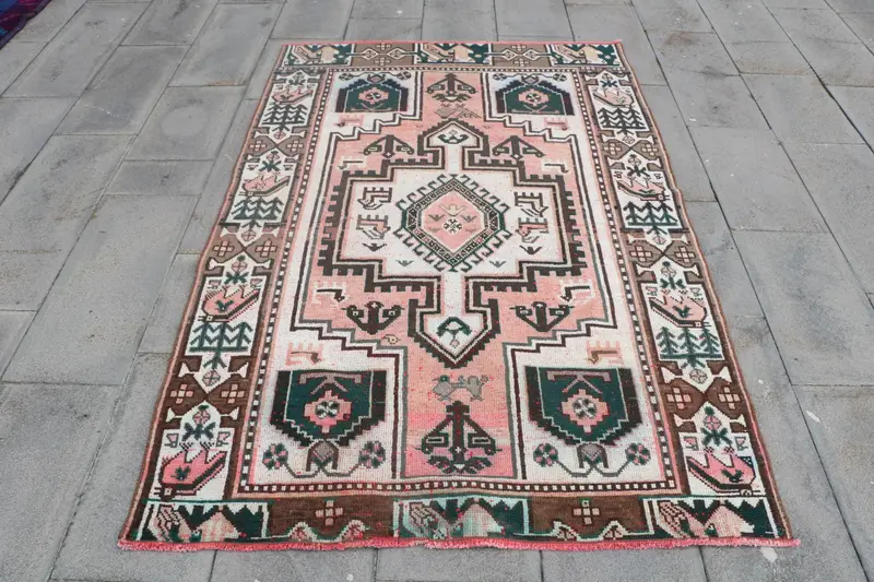 4.3x6.6 ft Rug, Vintage Turkish Area Rug, Brown Oushak Wool Rug - 1