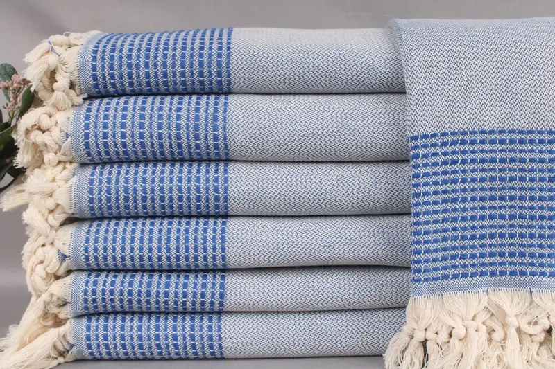 Custom Striped Throw Turkish Blanket Sax Blue, 91x95 Inches