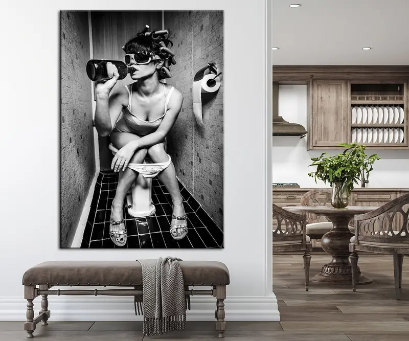 Girl on Toilet, Girl on Toilet Drinking and Smoking Prints, Girl on Toilet Drinking Print,Fashion Toilet Wall Art, Stylish Wall Art, Canvas - 1