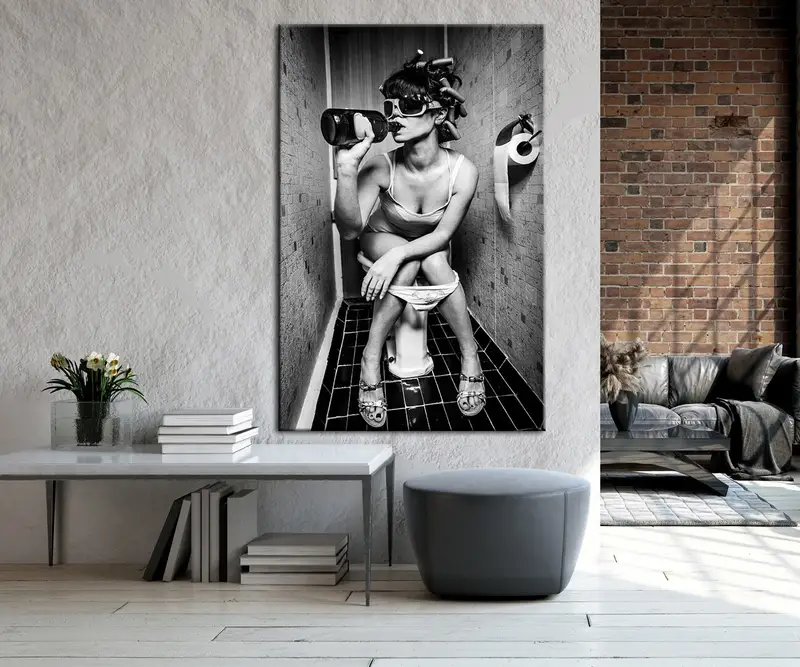 Girl on Toilet, Girl on Toilet Drinking and Smoking Prints, Girl on Toilet Drinking Print,Fashion Toilet Wall Art, Stylish Wall Art, Canvas - 6