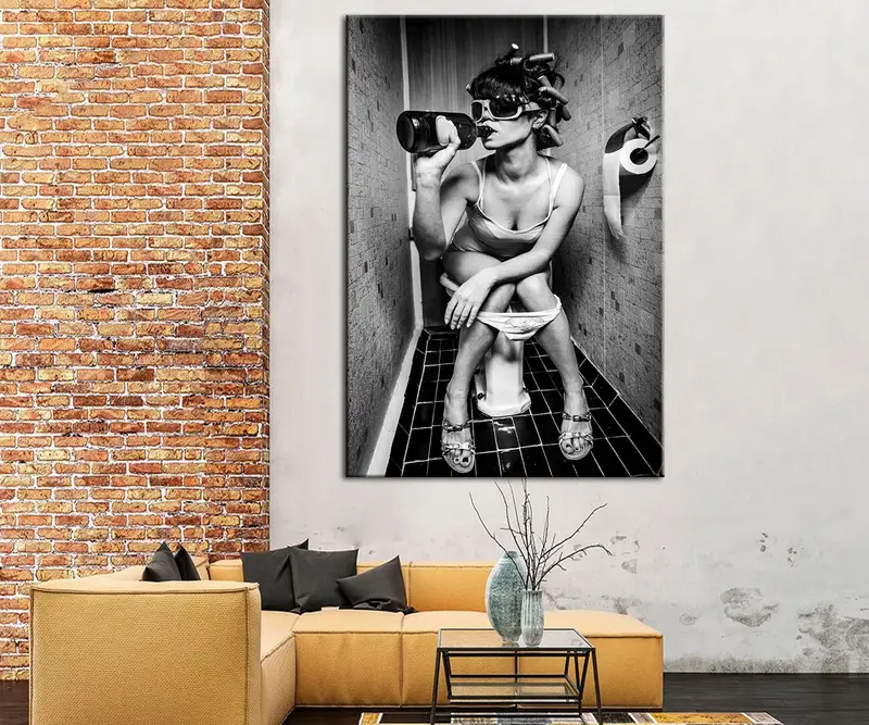 Girl on Toilet, Girl on Toilet Drinking and Smoking Prints, Girl on Toilet Drinking Print,Fashion Toilet Wall Art, Stylish Wall Art, Canvas - 3